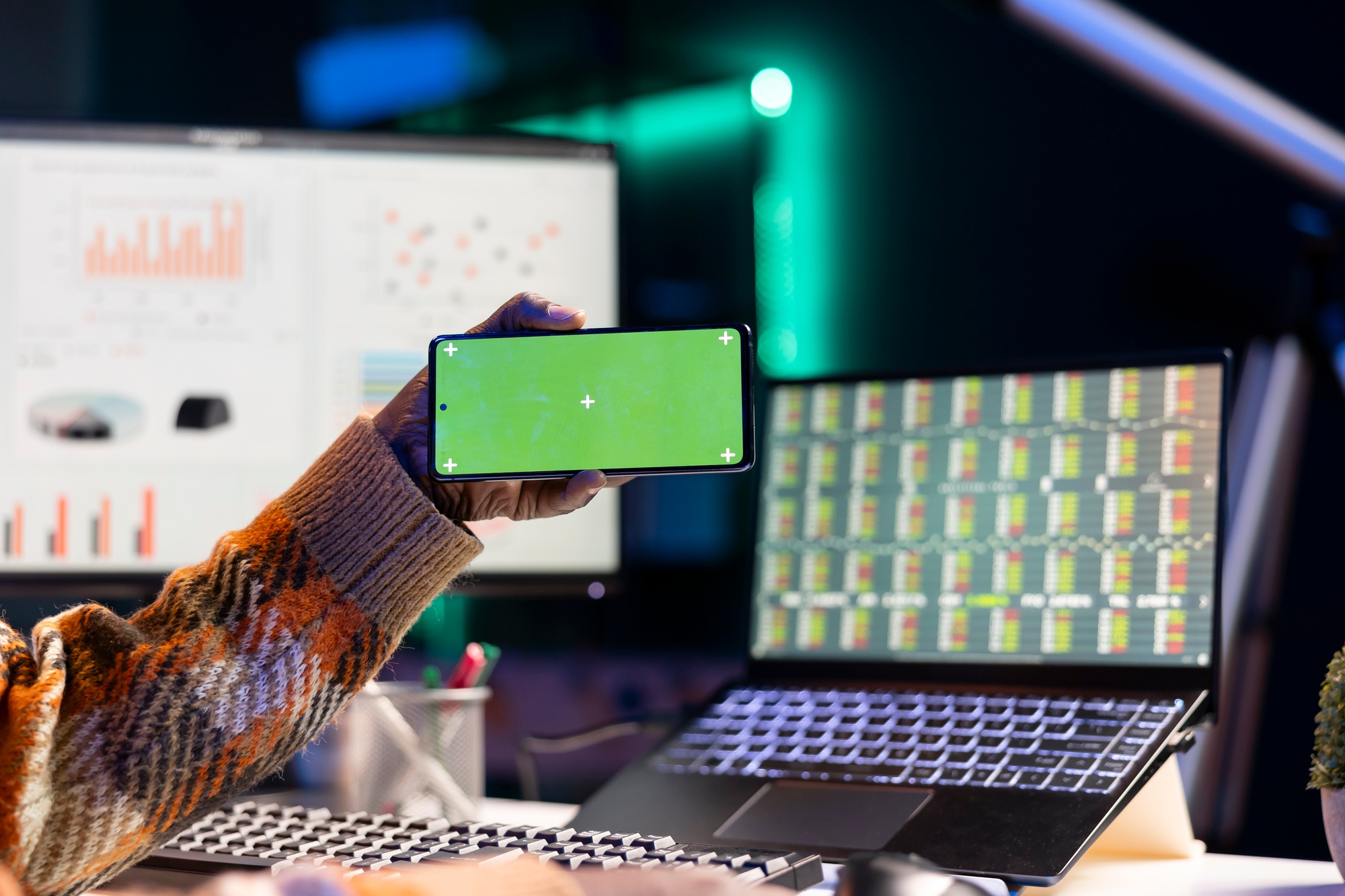 Trading engineer looking at e commerce diagrams and copy space on display